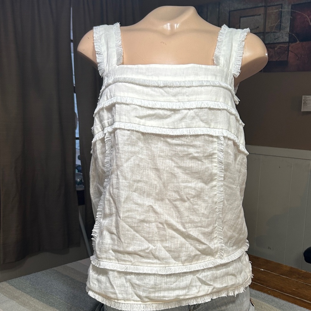 J. Crew Elegant White Frayed Sleeveless Blouse/Tank - Linen - Sz 6
